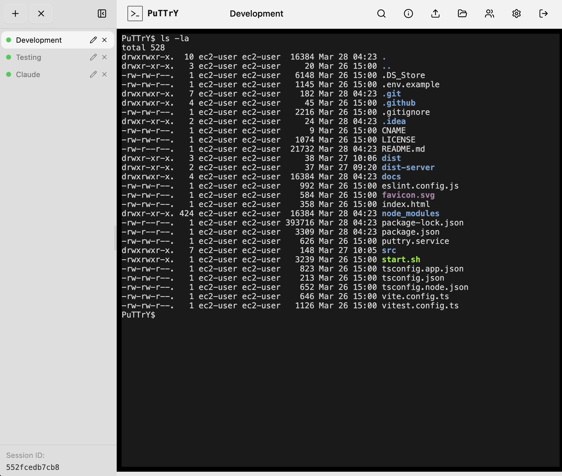 PuTTrY Web Interface - Terminal Sessions